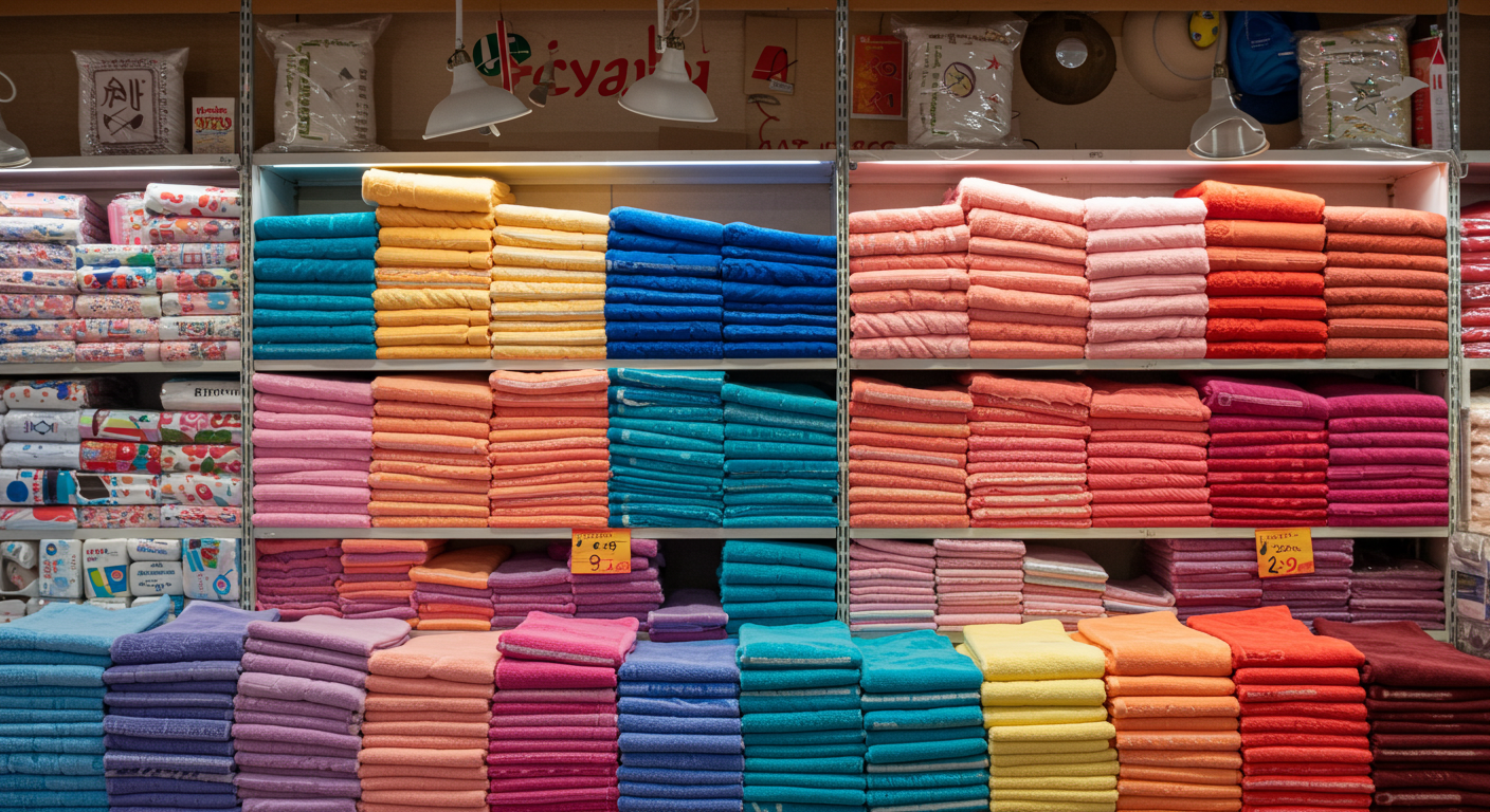 Продавец на рынке ТЯК упаковывает брендированные полотенца в коробки