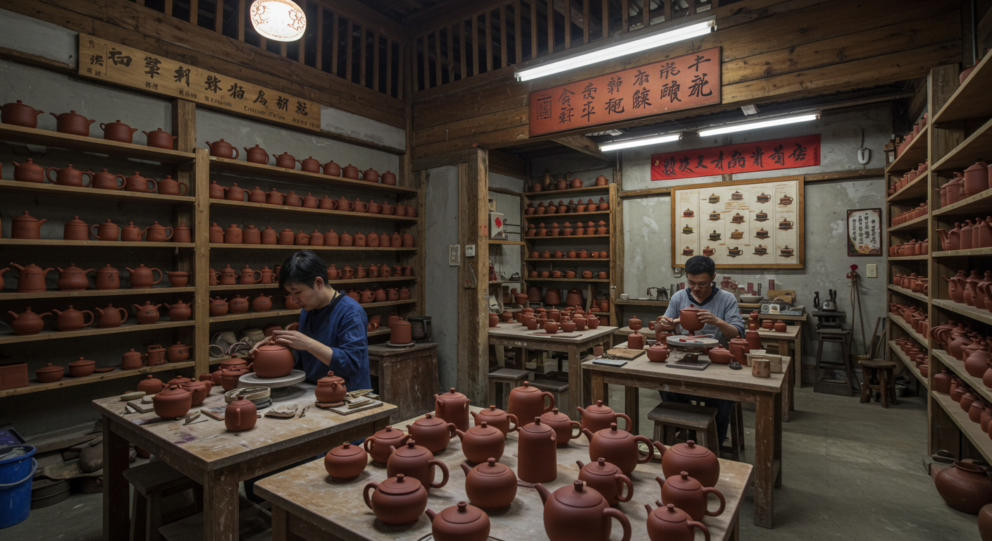 Профессиональная выставка исинских чайников по формам и типам глины на минималистичном фоне