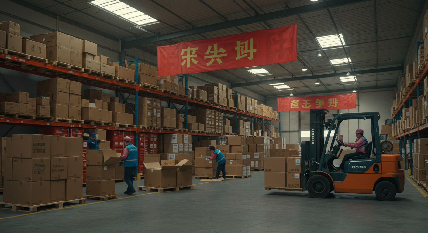 Промышленная зона в Китае готовится к закрытию на Новый год, грузовики уезжают.