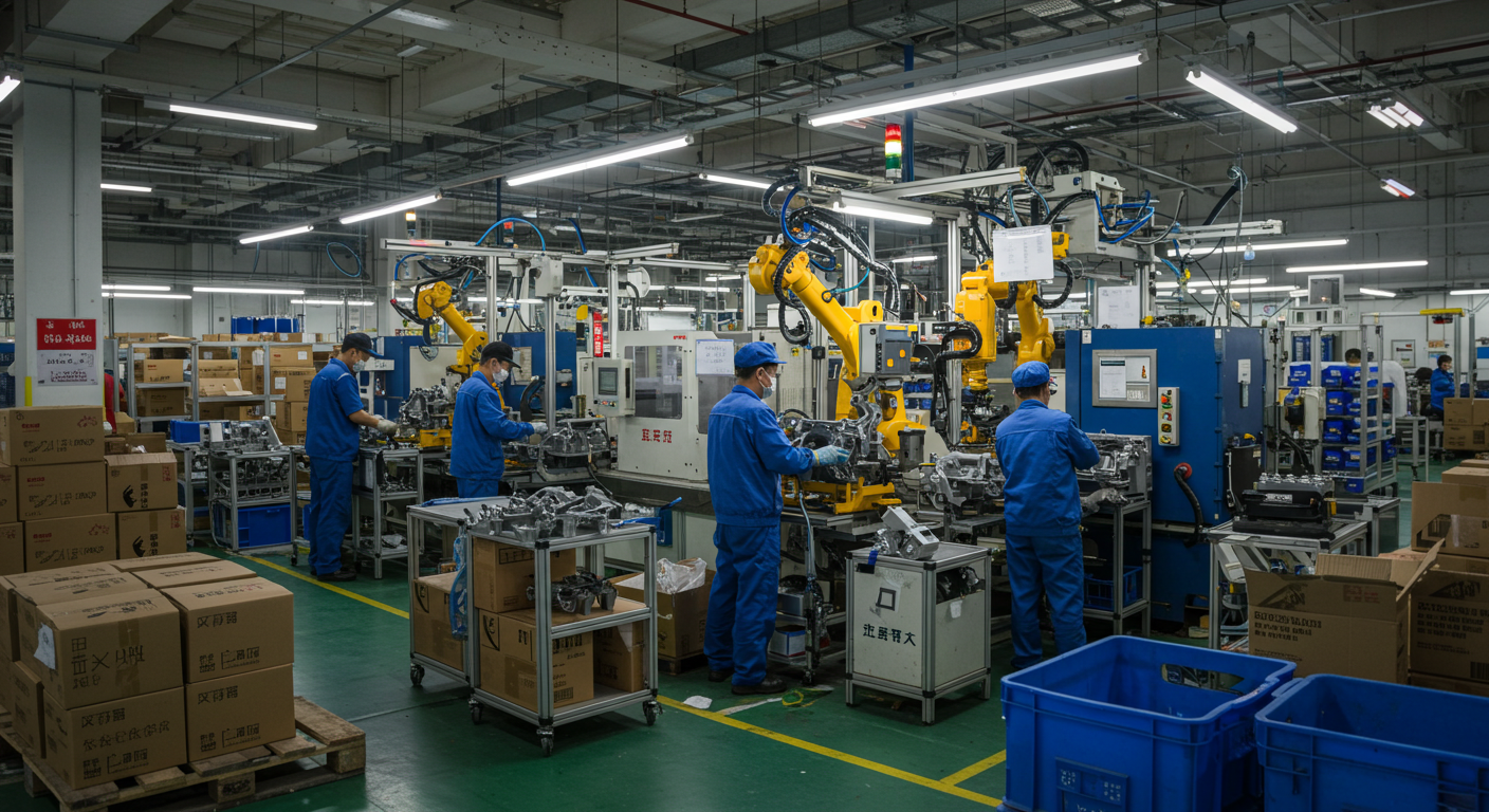 Промышленный склад в Китае с грузовыми автомобилями и рабочими