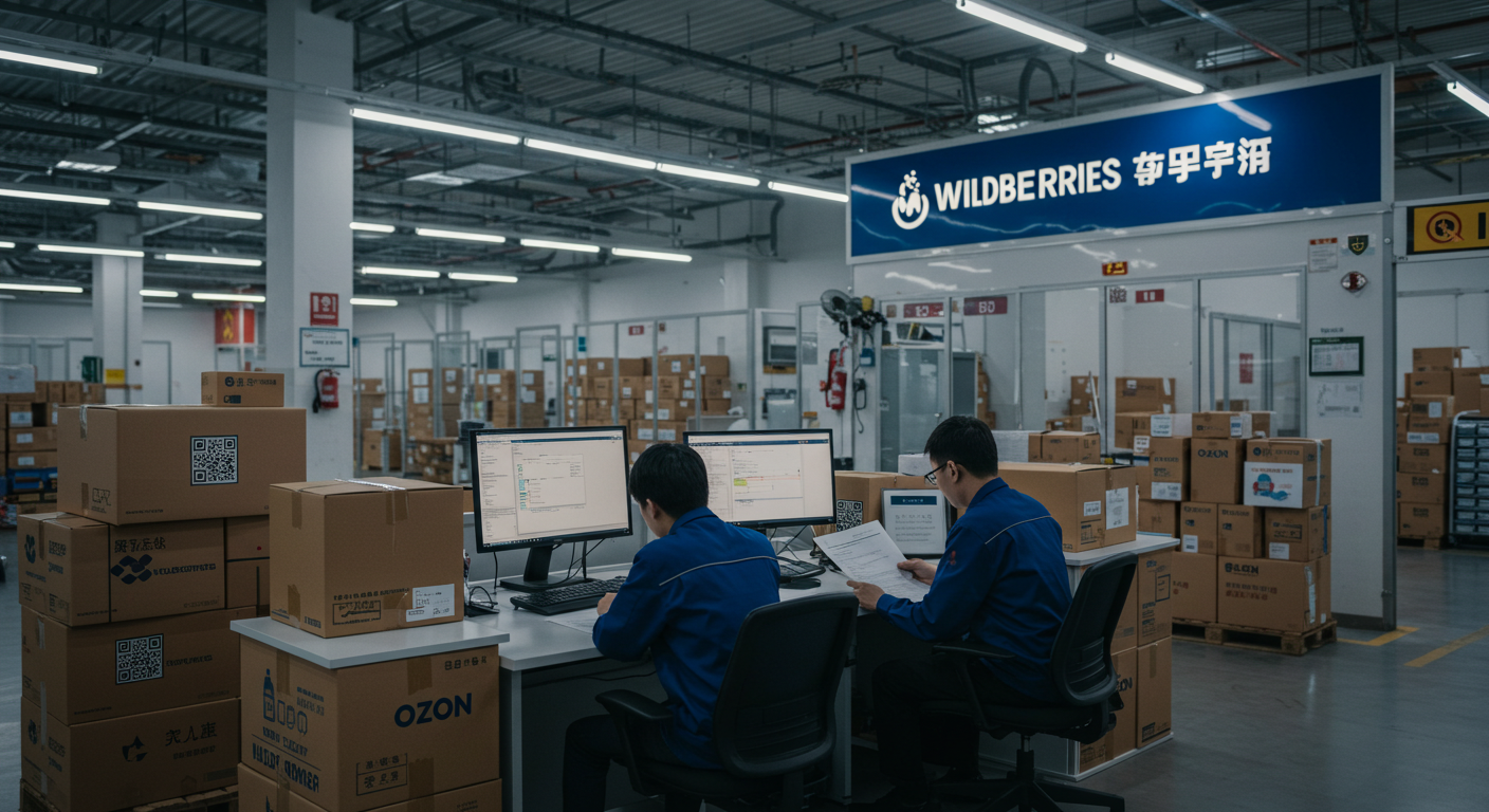 Процесс отправки товаров из Китая, документы и маркетплейсы на экране ноутбука