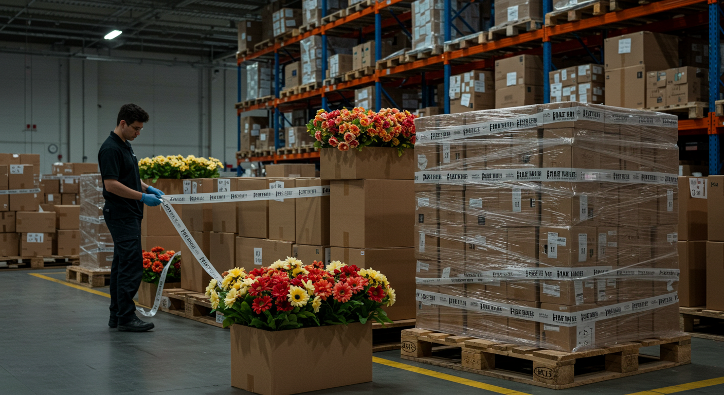 Проверка качества искусственных цветов на складе ТЯК с русскими и китайскими этикетками