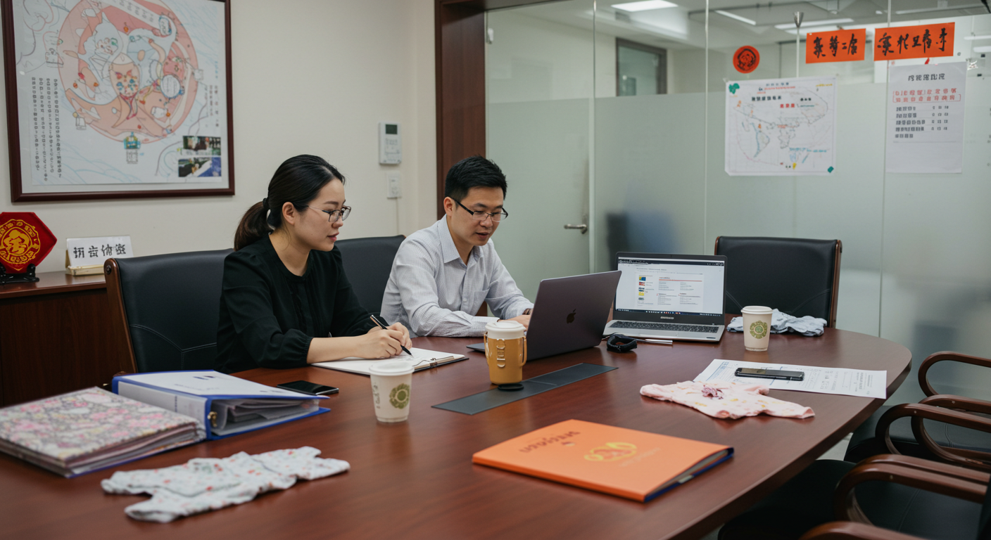 Рабочая зона фабрики в Китае с упаковкой детской одежды, яркие комплекты на полках