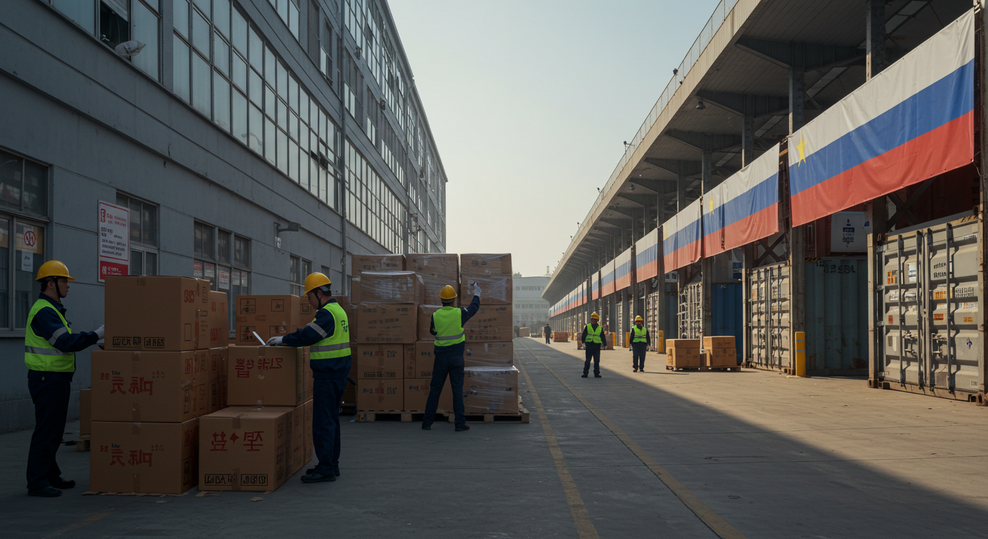 Рабочее место китайского продавца с образцами посылок и интерфейсом 1688