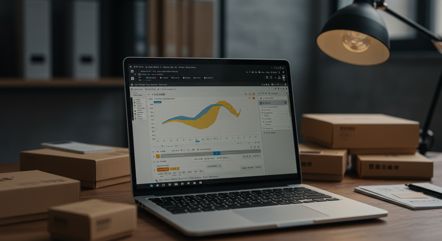 Рабочее место предпринимателя с монитором и анализом трендов товаров