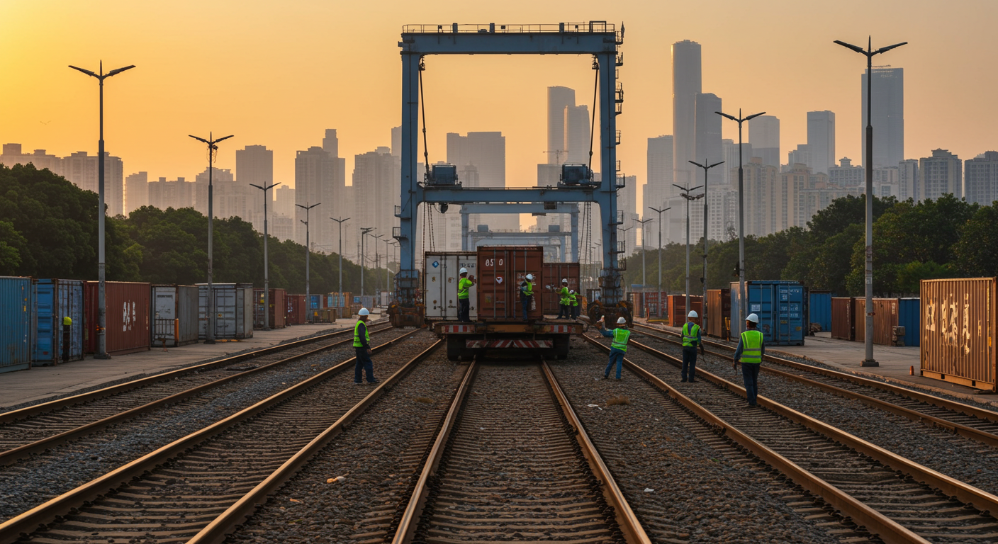 Рабочие проверяют упаковку мебели на складе в Китае при ярком освещении.