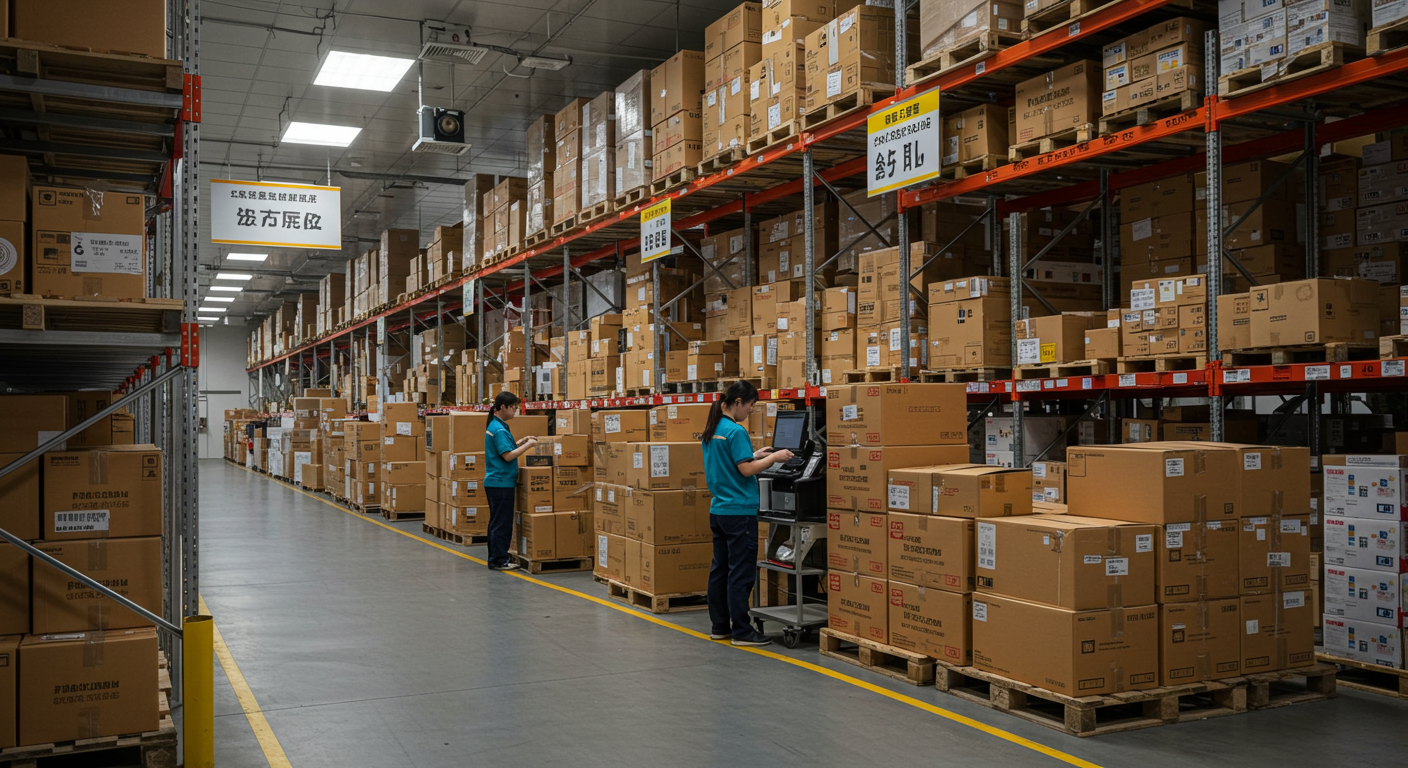 Рабочие загружают брендированные коробки в грузовик на складе в Китае