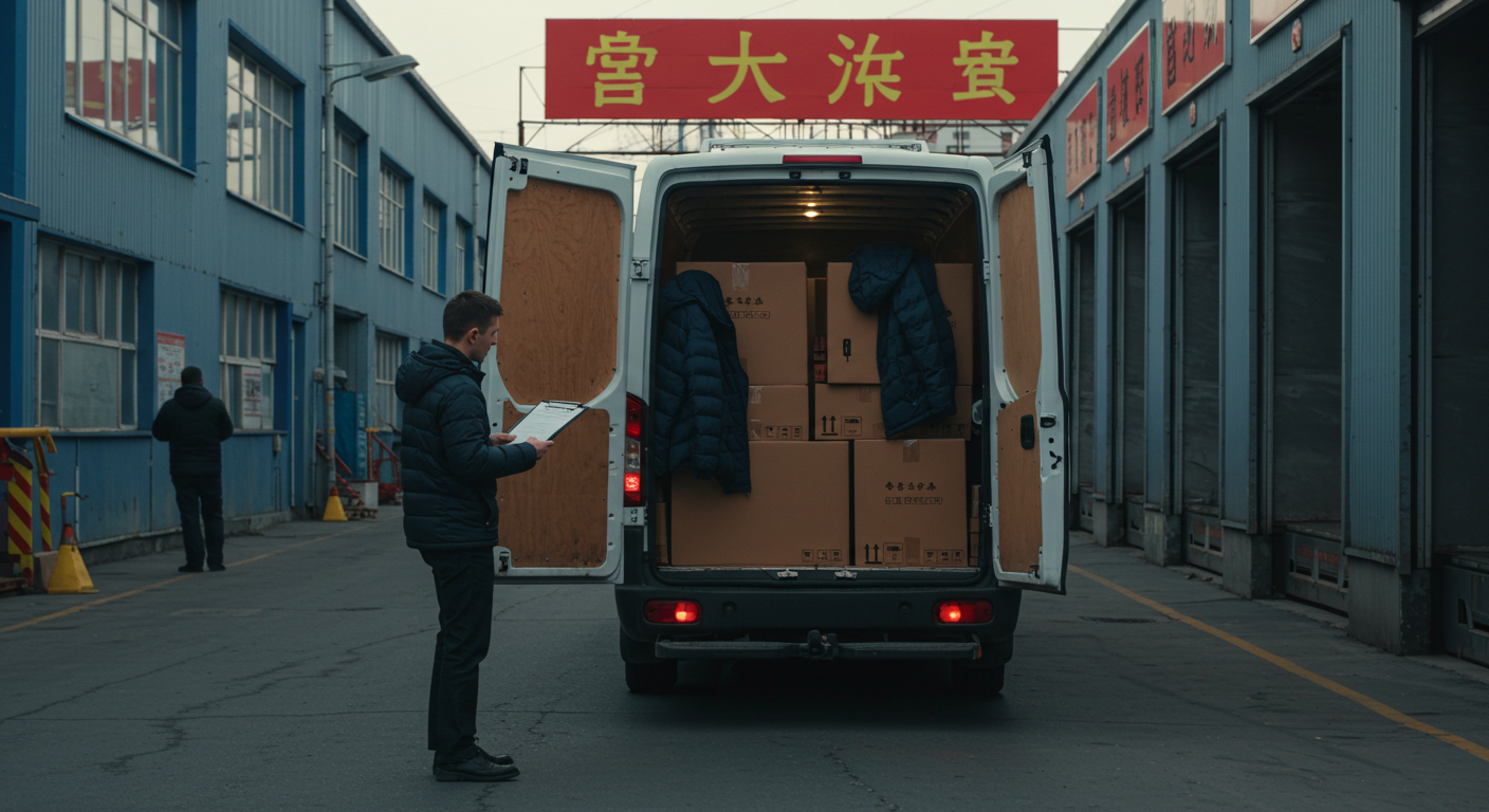 Работник на складе проверяет зимние куртки с QR-кодами в Китае