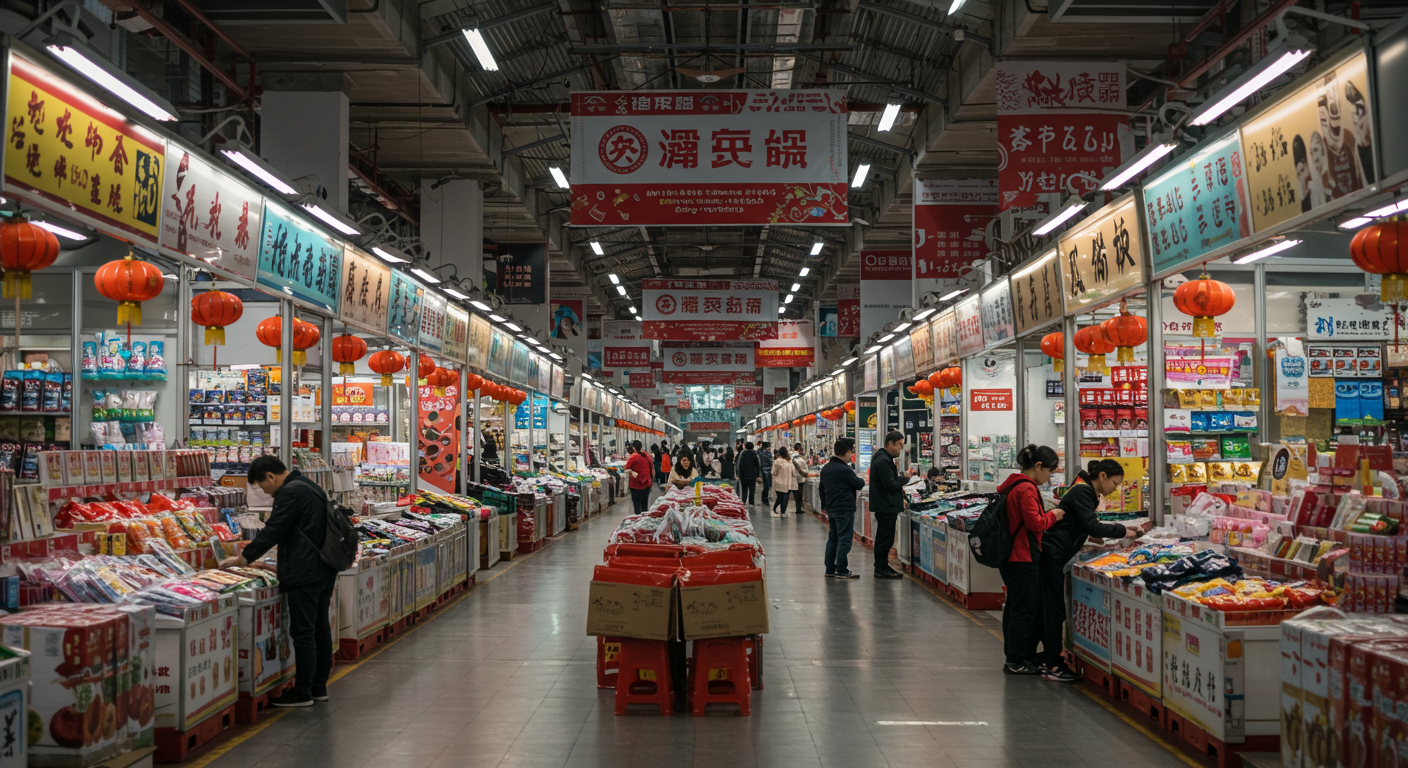 Разнообразные оптовые рынки Китая с вывесками, покупатели и товары на прилавках