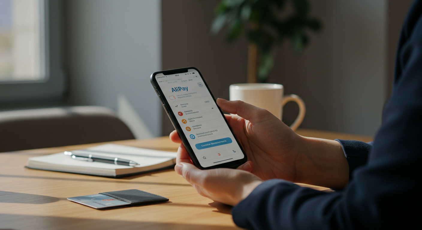 Российский предприниматель с телефоном на фоне яркого шанхайского пейзажа