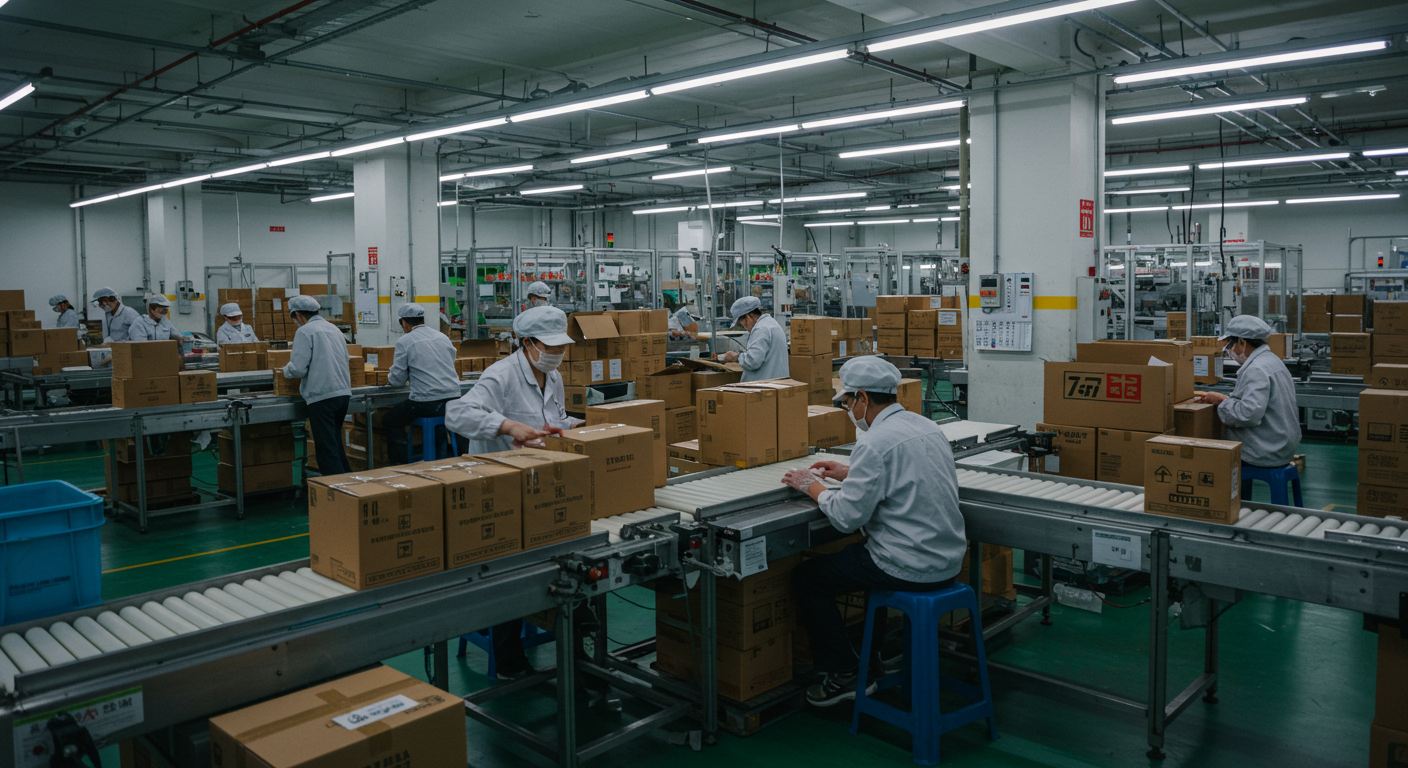 Руки на ноутбуке с открытым Alibaba и TikTok, упаковка рядом, склад в фоне