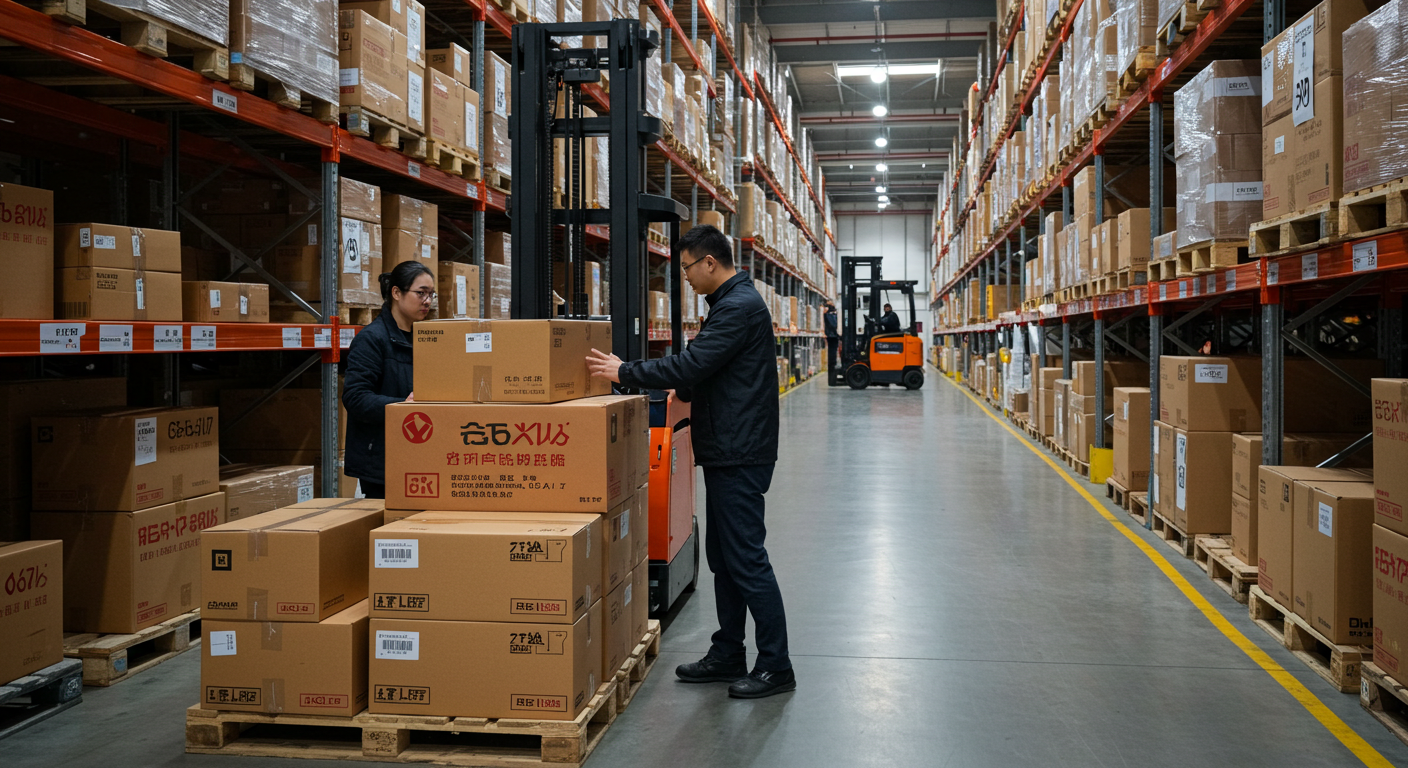 Рынок в Китае с логистическими грузовиками и упаковкой для доставки товаров