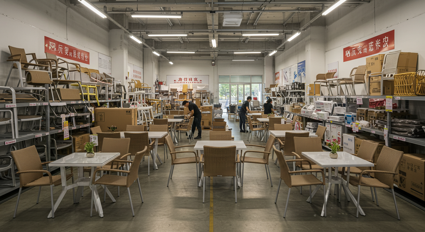 Садовая мебель из Китая на крыше с видом на город, идеальна для маркетплейсов.