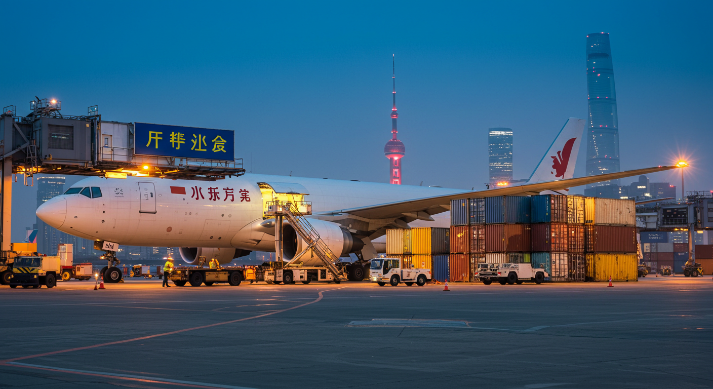 Самолет грузовых авиаперевозок взлетает с китайского аэропорта в Россию
