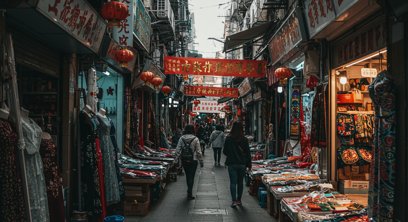 Широкий павильон ТЯК Москва с рядами товаров и яркой рекламой