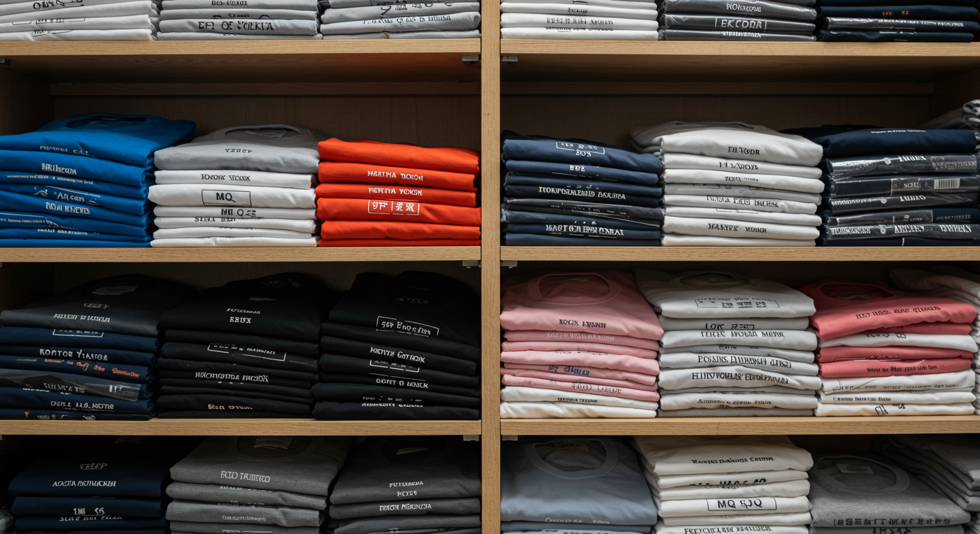 Широкий план рынка ТЯК в Москве, многочисленные киоски с футболками и покупатели.