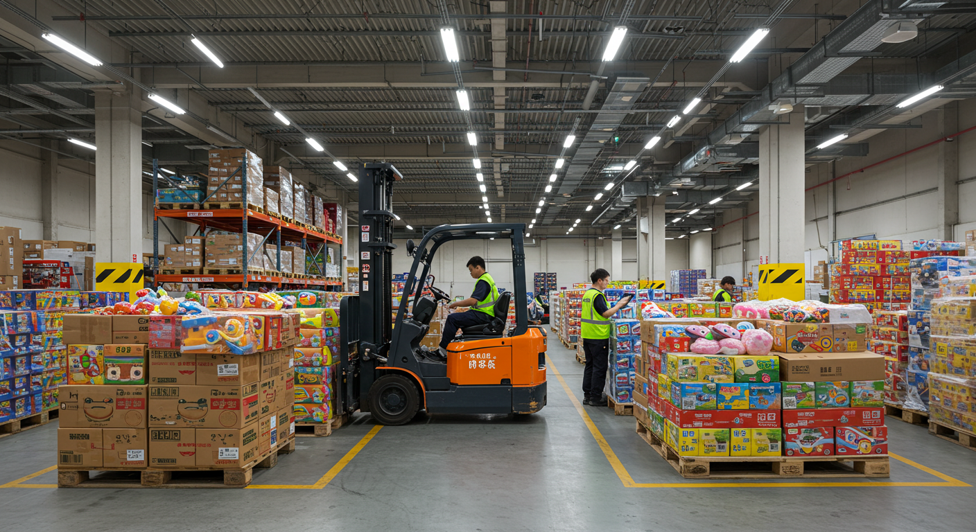 Широкий ракурс игрушечного павильона с яркими игрушками и китайскими вывесками.