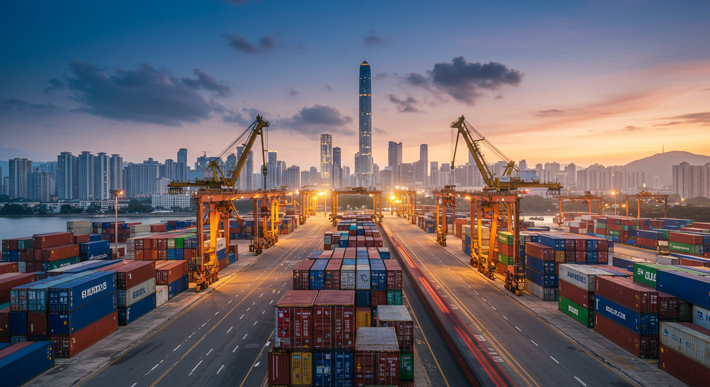 Широкий снимок порта Нинбо-Чжоушань с загрузкой контейнеров