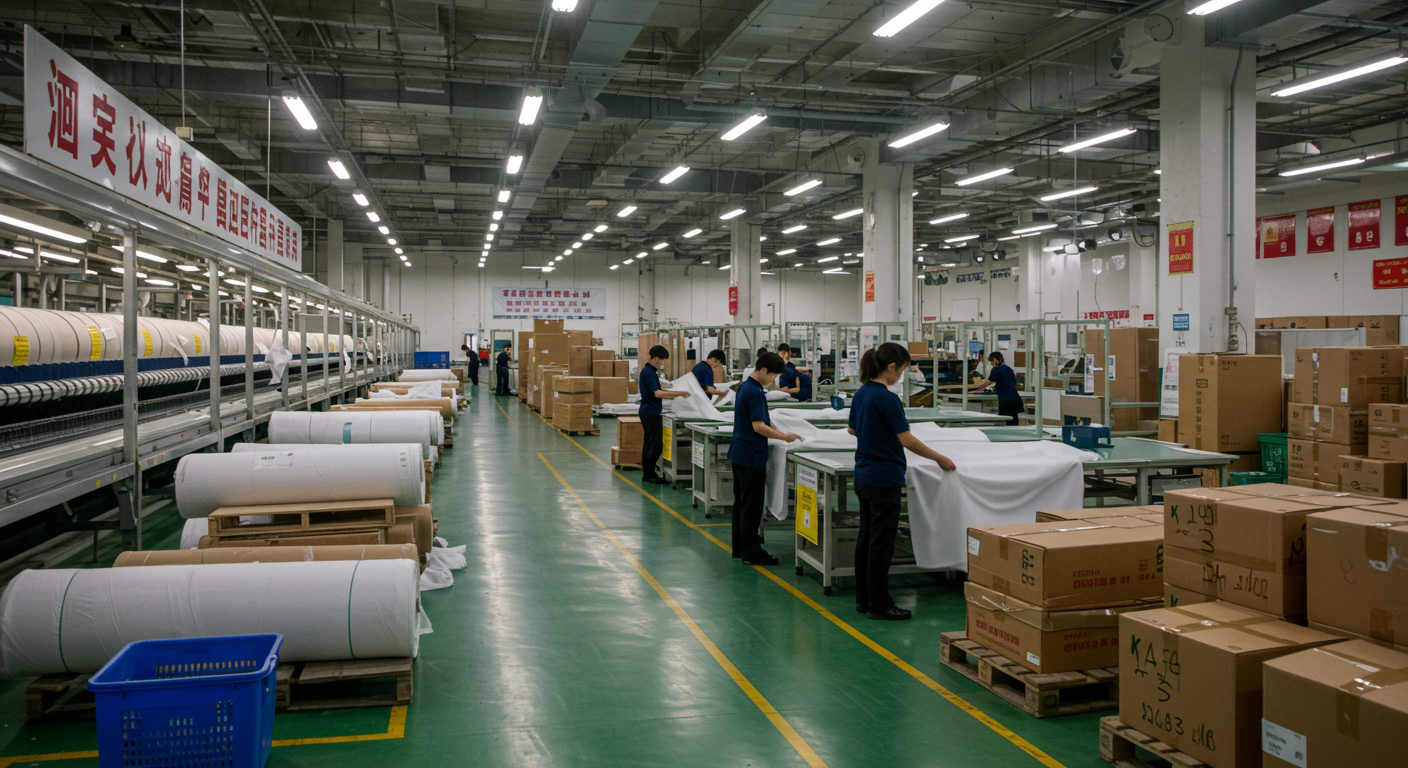 Широкий текстильный рынок в Чжэнчжоу с яркими тканями и продавцами