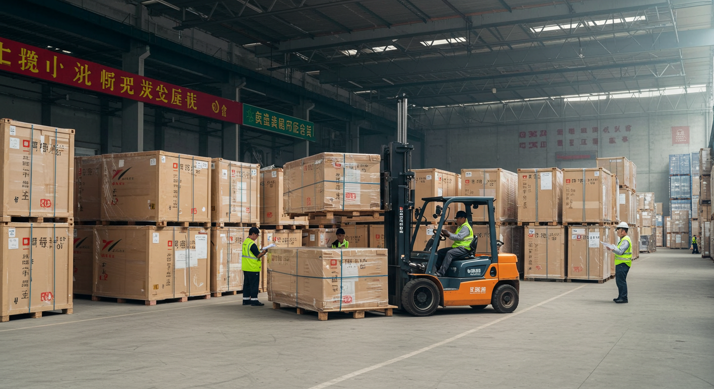 Шоурум с алюминиевой и ротанговой мебелью, работники проверяют упаковки.