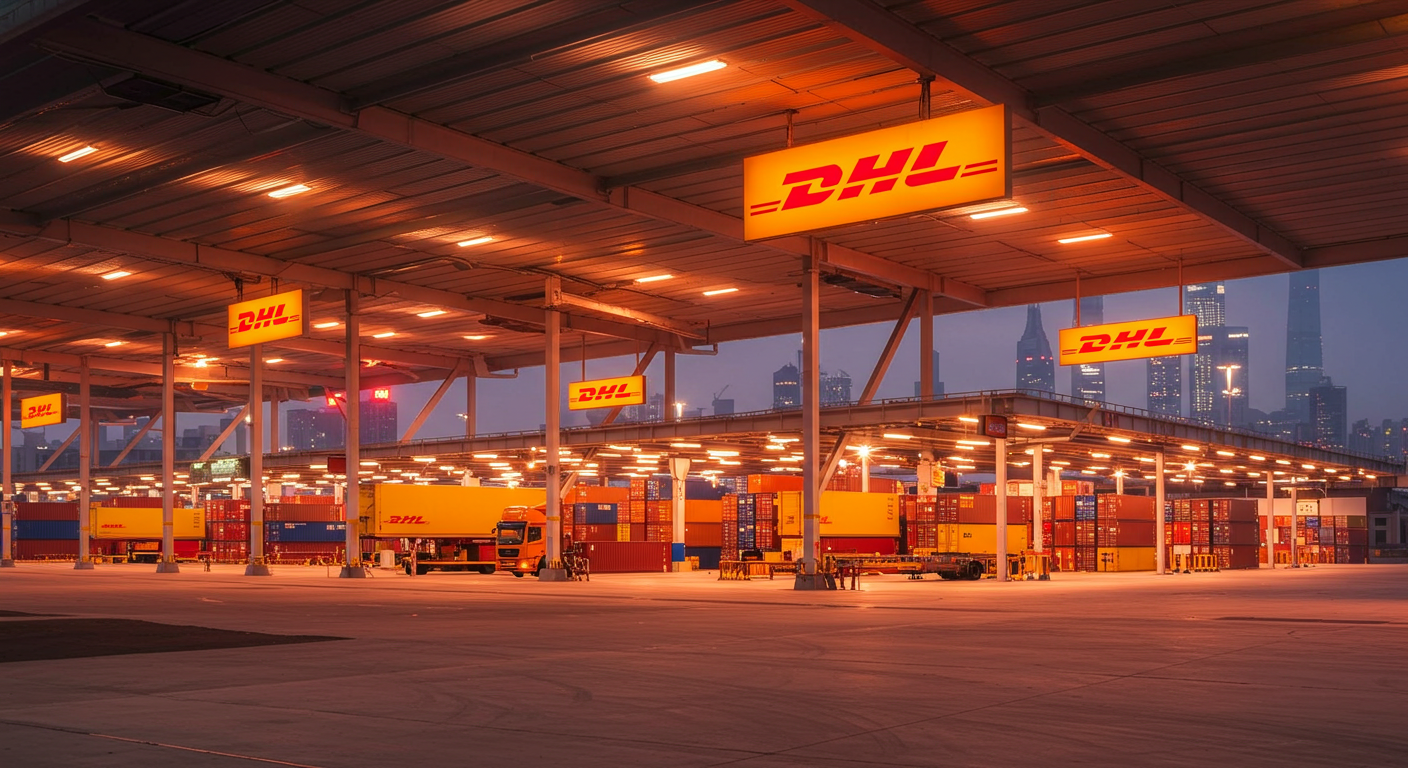 Склад DHL с готовыми к отправке грузами и рабочими в процессе упаковки