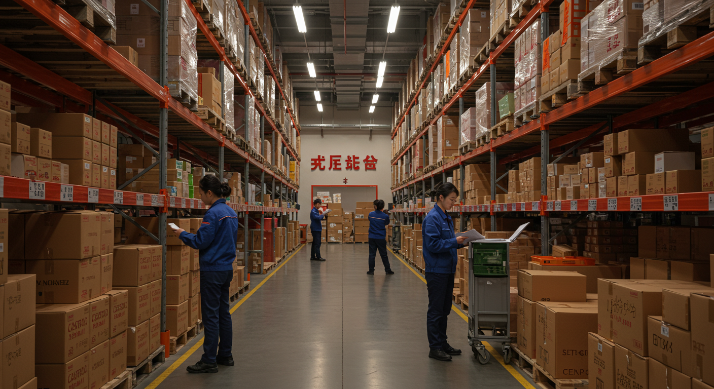 Склад контейнеров в Китае с маркированными грузами и грузовиком для транспортировки