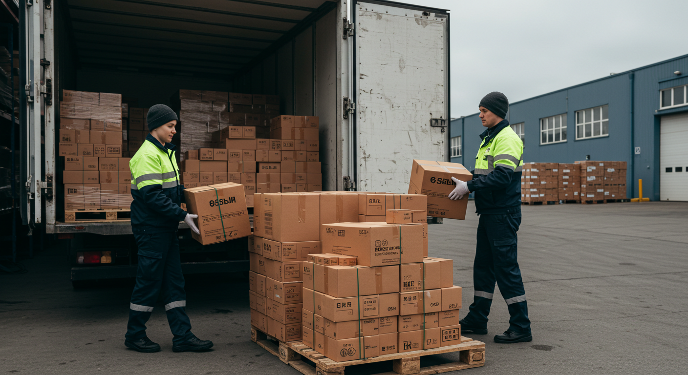 Склад косметики с упаковками и проверкой товаров в логистическом центре