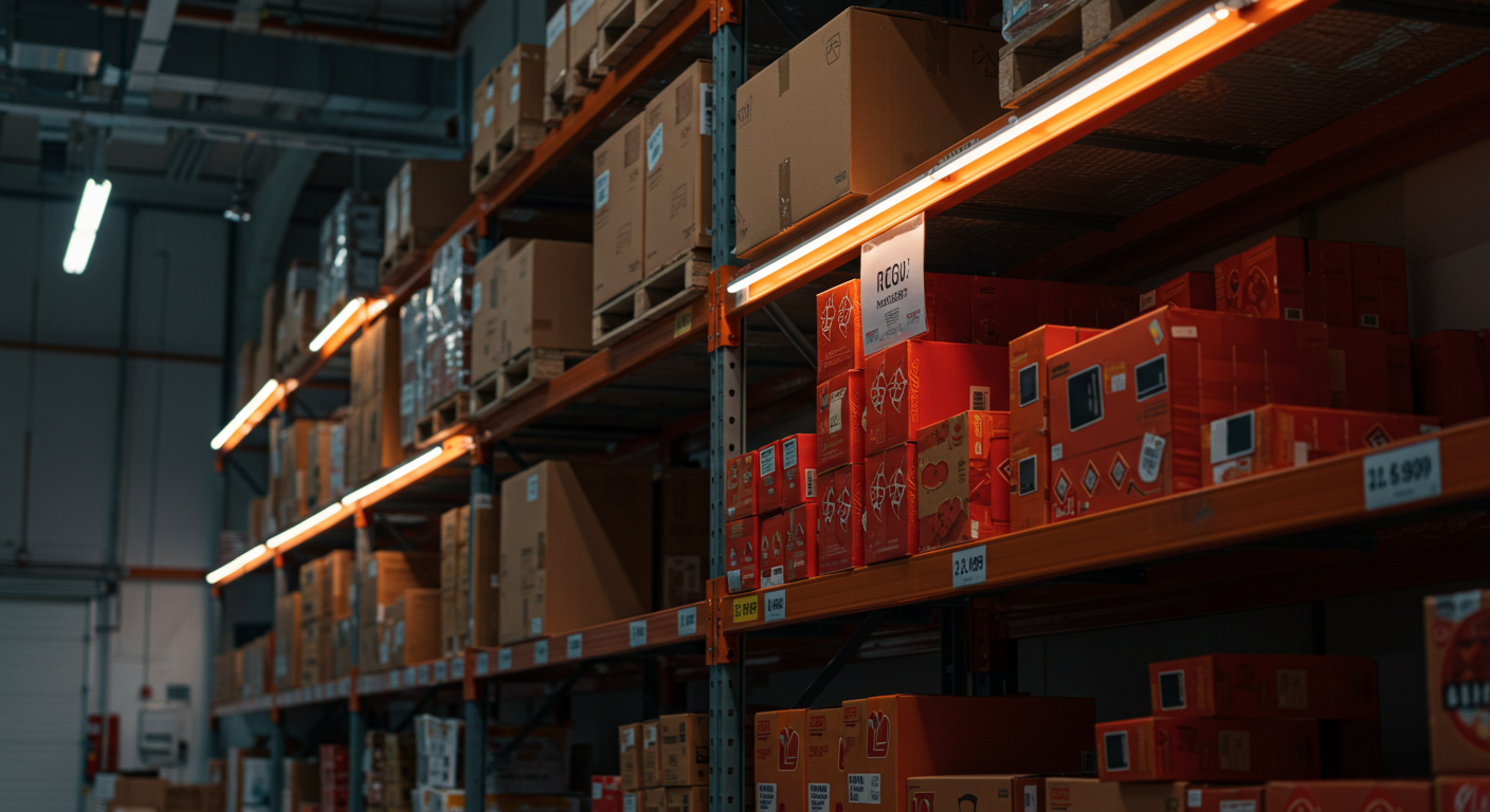 Склад с конвейерами, упаковками товаров и логотипами маркетплейсов