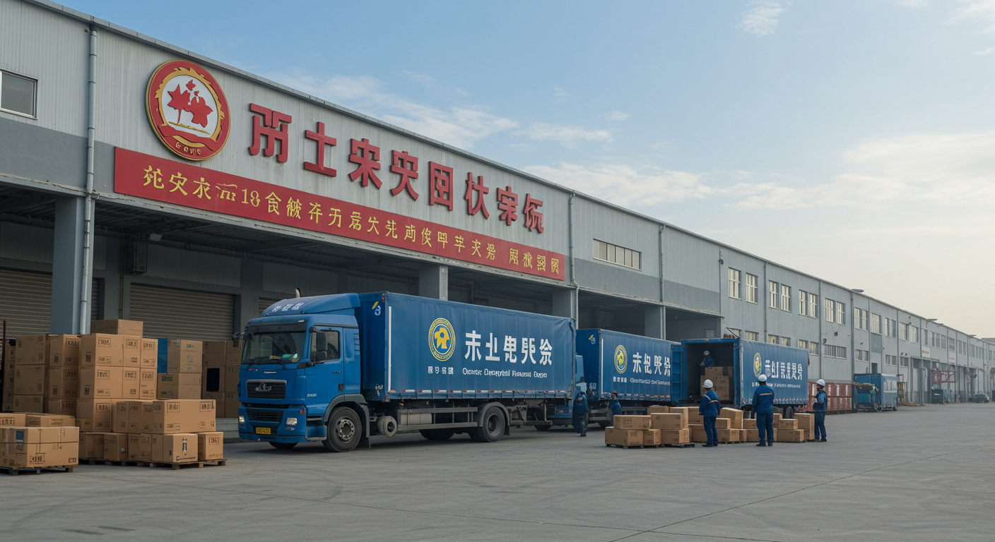 Склад с коробками, грузовик загружает товары для доставки из Китая.