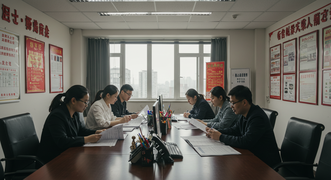 Склад с коробками и работниками, проверяющими документы поставщиков из Китая