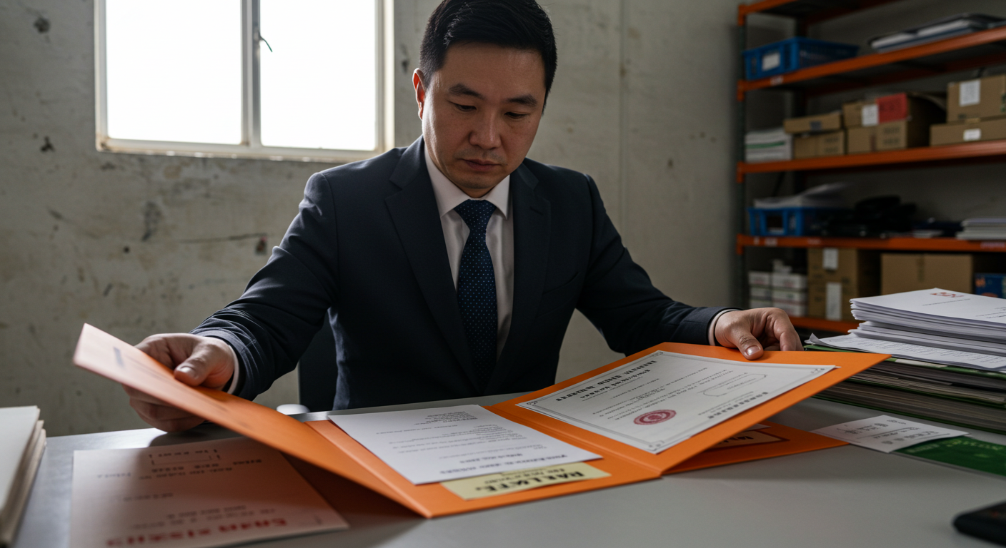 Склад с открытыми коробками, содержащими поддельные товары и ошибочные счета.