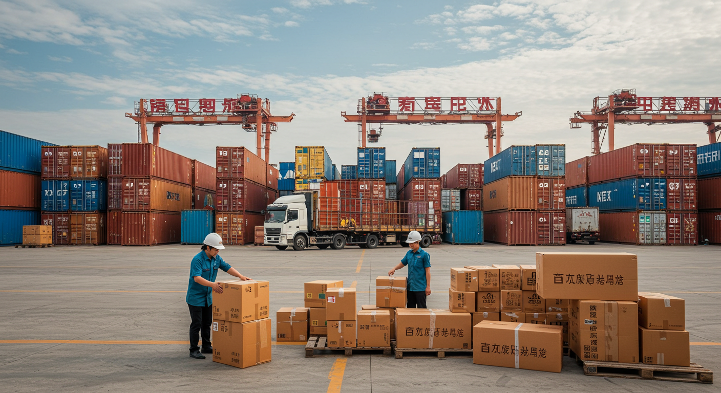 Склад с паллетами потребительских товаров для доставки из Китая и России