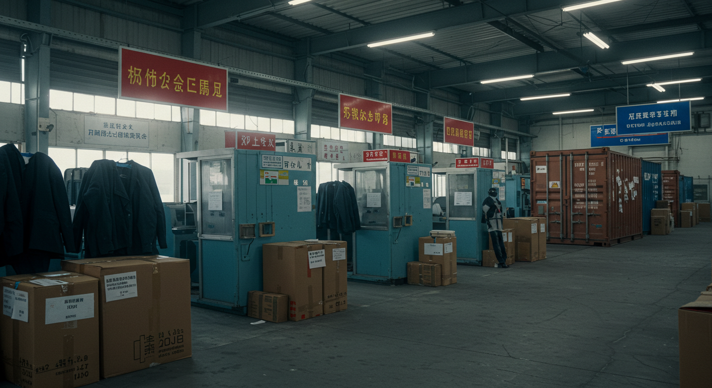 Склад с пуховиками и сертификатами на упаковке в логистике Китая