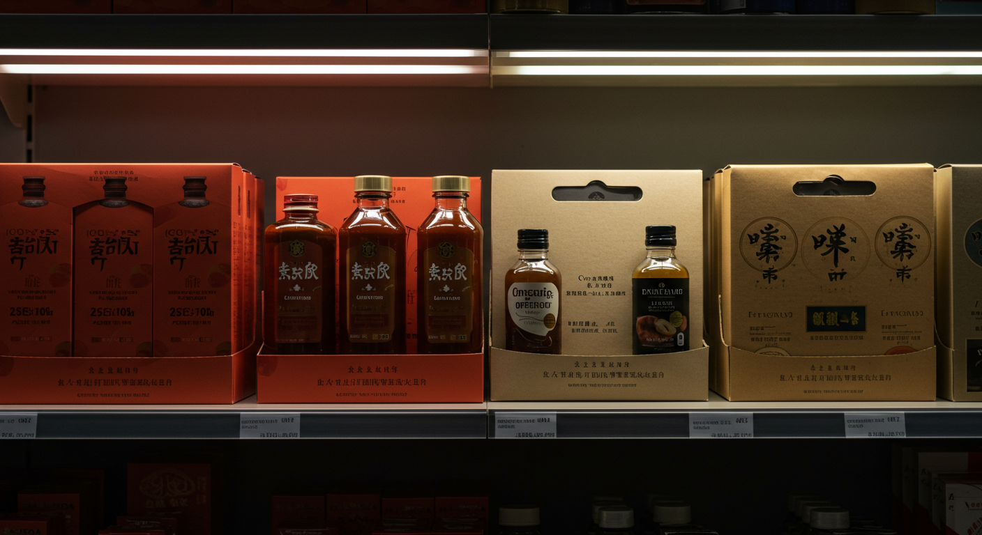 Склад с рабочими, маркирующими упаковки, экран показывает статус заявки в CNIPA, брендированные коробки