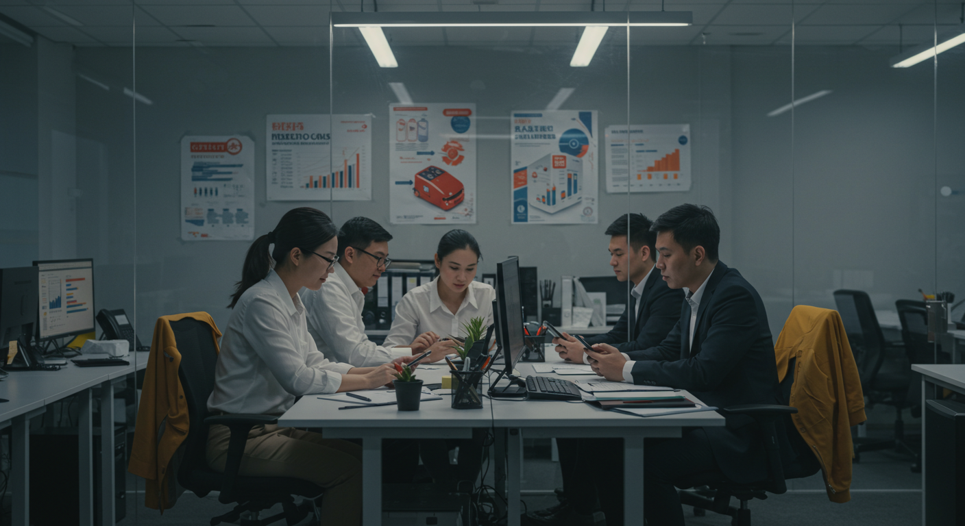 Склад с рядами коробок смартфонов и проверяющими работниками