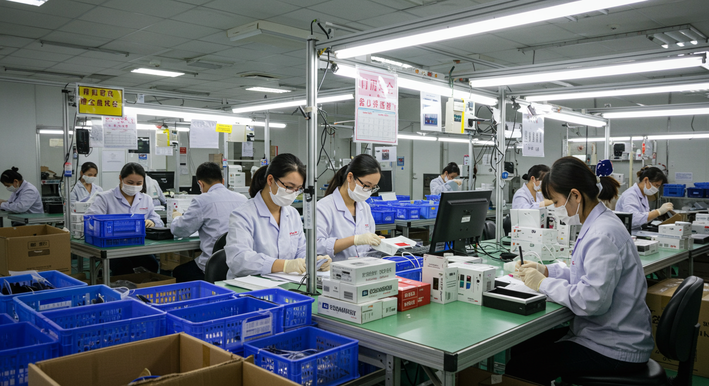 Склад с товарами, упакованными для России, и работающим погрузчиком.