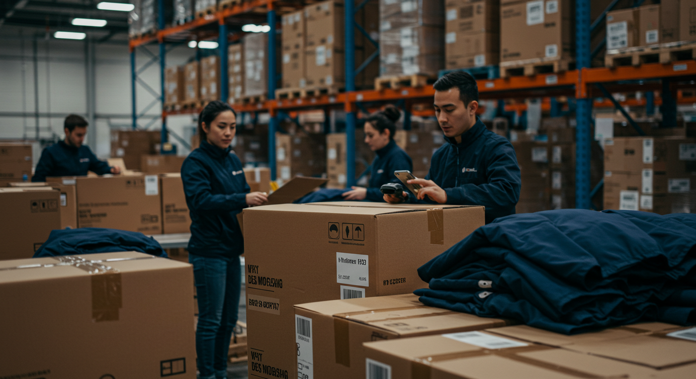 Склад с зимними куртками в упаковке, поставщик демонстрирует образцы ткани клиенту.