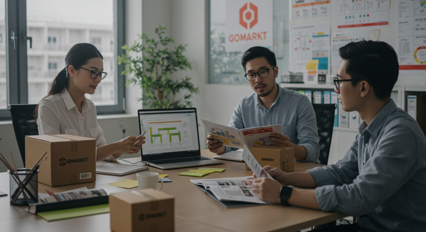 Склад ТЯК с рабочими, организующими товары и сканирующими этикетки на китайском