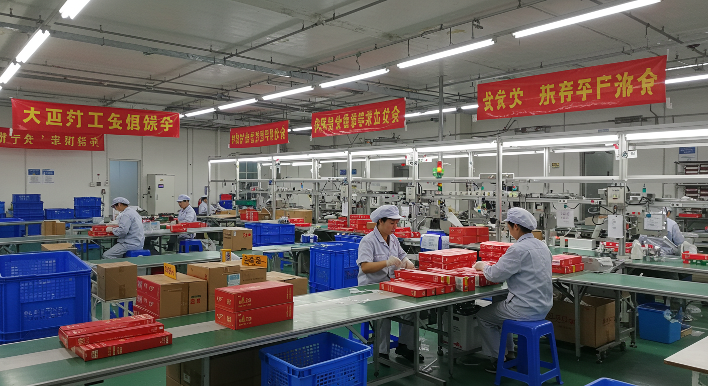 Склад в Китае с коробками товарного бренда и работниками, проверяющими упаковку