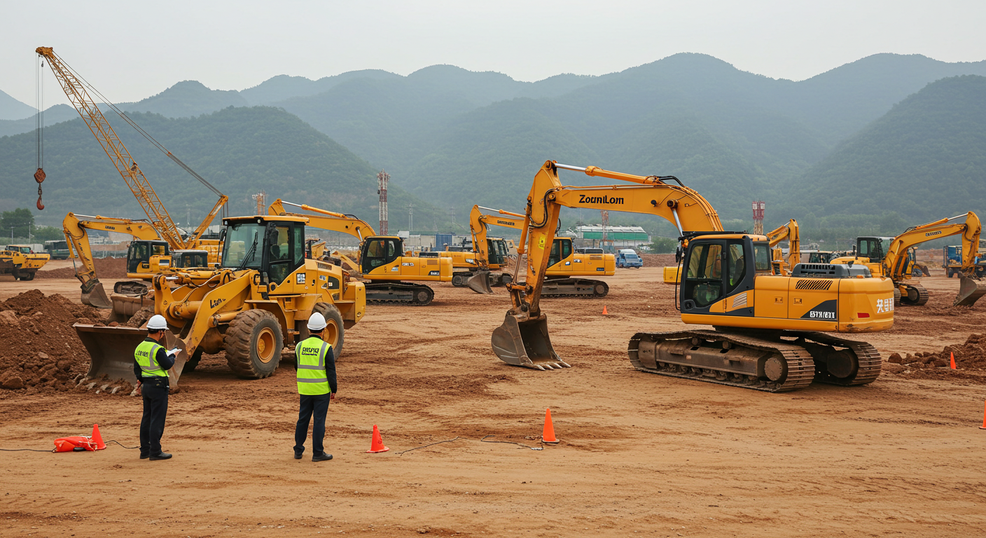 Склад в Китае, где погрузчики загружают ящики XCMG и SANY