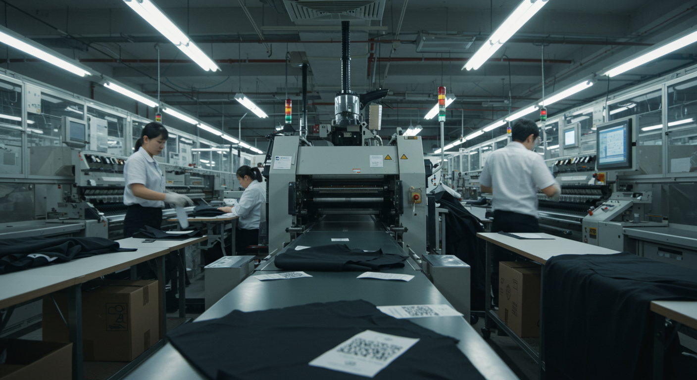 Склад в Китае, рабочие наклеивают коды на упаковки одежды