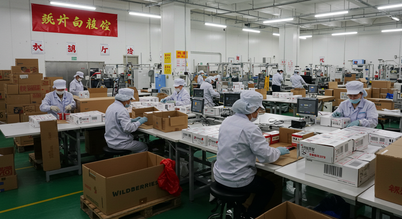 Склад в Китае с коробками и таможенными документами, грузчик загружает товары