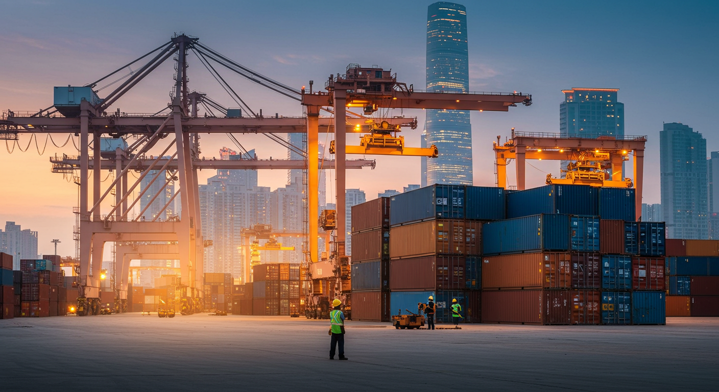 Склад в Китае с маркированными полками и сотрудниками в жилетах