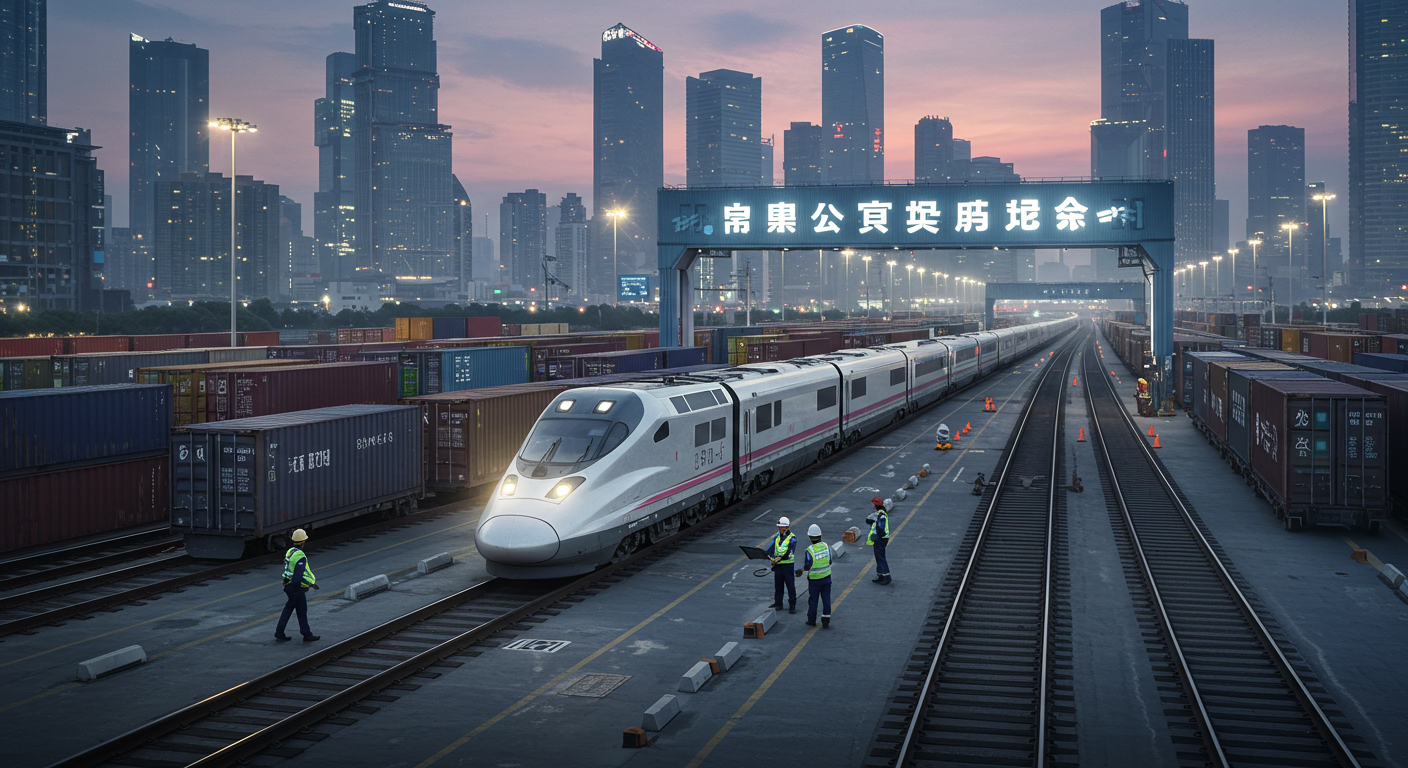 Скоростной поезд CR400 движется по китайскому ландшафту на фоне заката