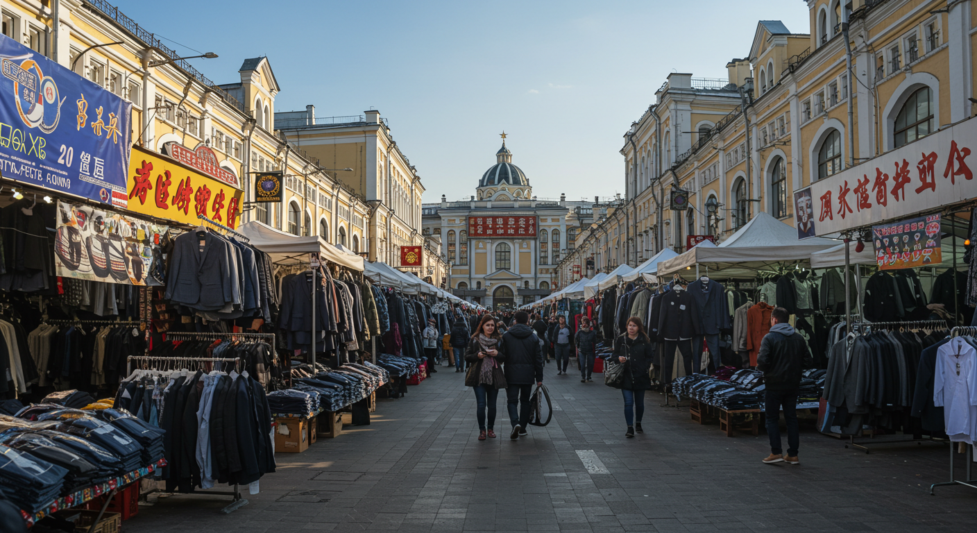 Сотрудники проверяют упаковки мужской одежды в складской зоне с яркими этикетками