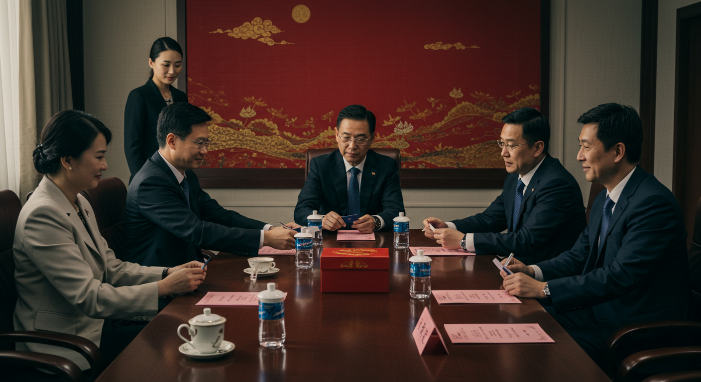 Совещание китайских и российских бизнесменов в офисе Шанхая с чайным набором на столе