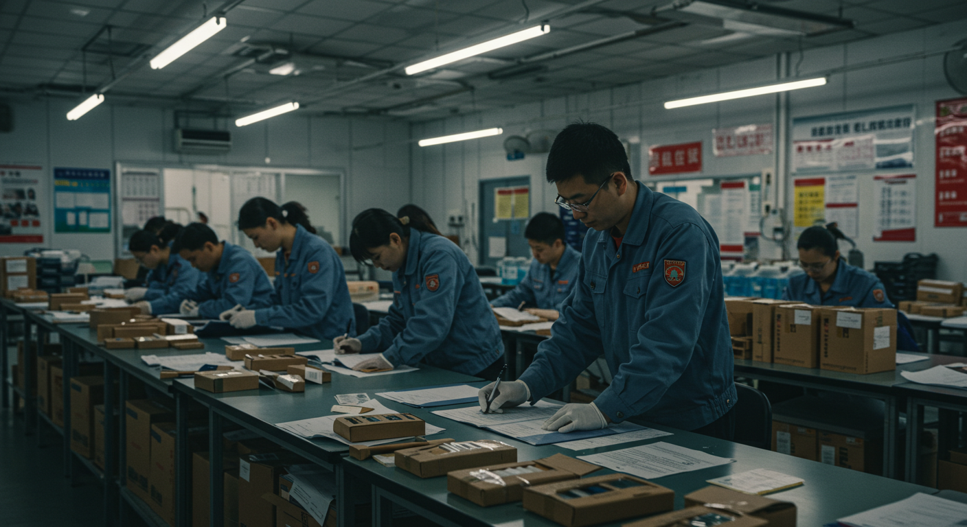 Современная китайская фабрика с грузовыми контейнерами и рабочими