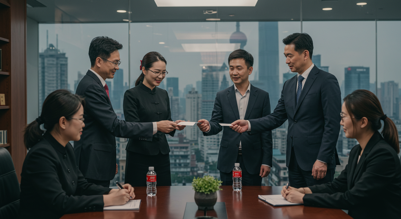 Современная улица Гуанчжоу с офисами и традиционными фонарями, деловая атмосфера.