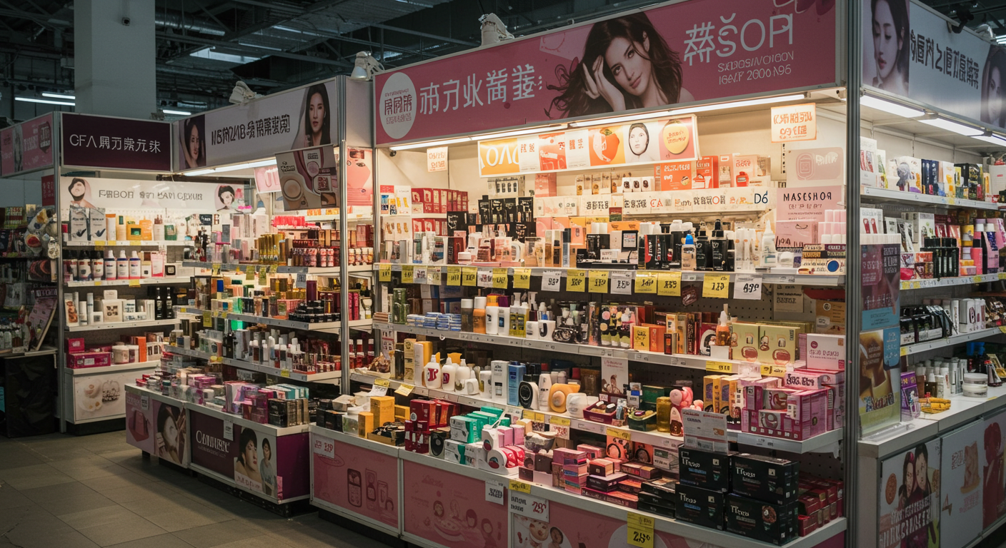 Современная витрина косметики с упаковками и брендами из Китая на Садоводе