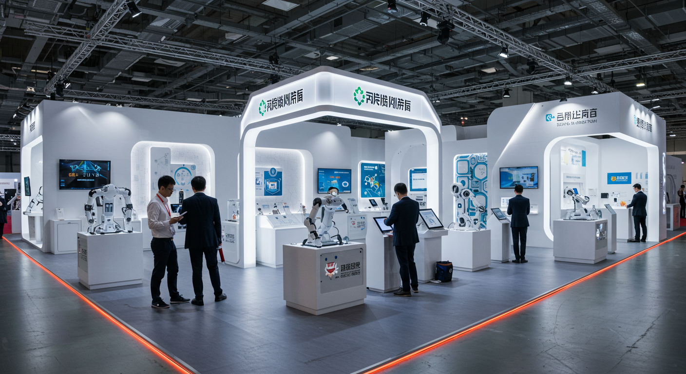 Современная яркая выставка в Шанхае с многочисленными посетителями и стендами.